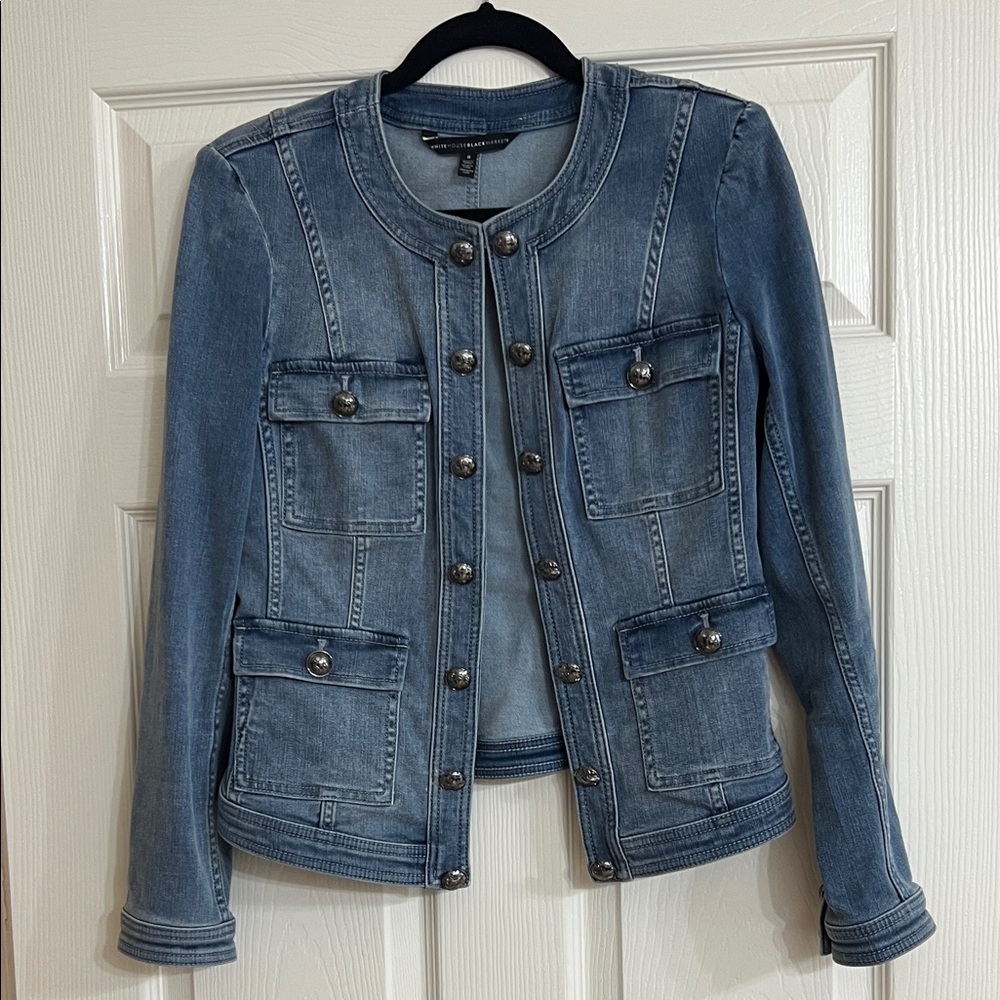 White House Black Market Buttoned Blue Jean Jacket